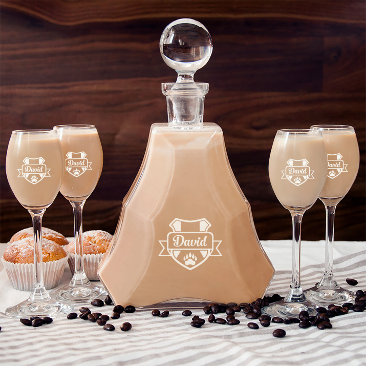 Wappen + Name - Likörkaraffe und Gläser - Set mit Gravur Wappen + Name - Likörkaraffe und Gläser - Set mit Gravur